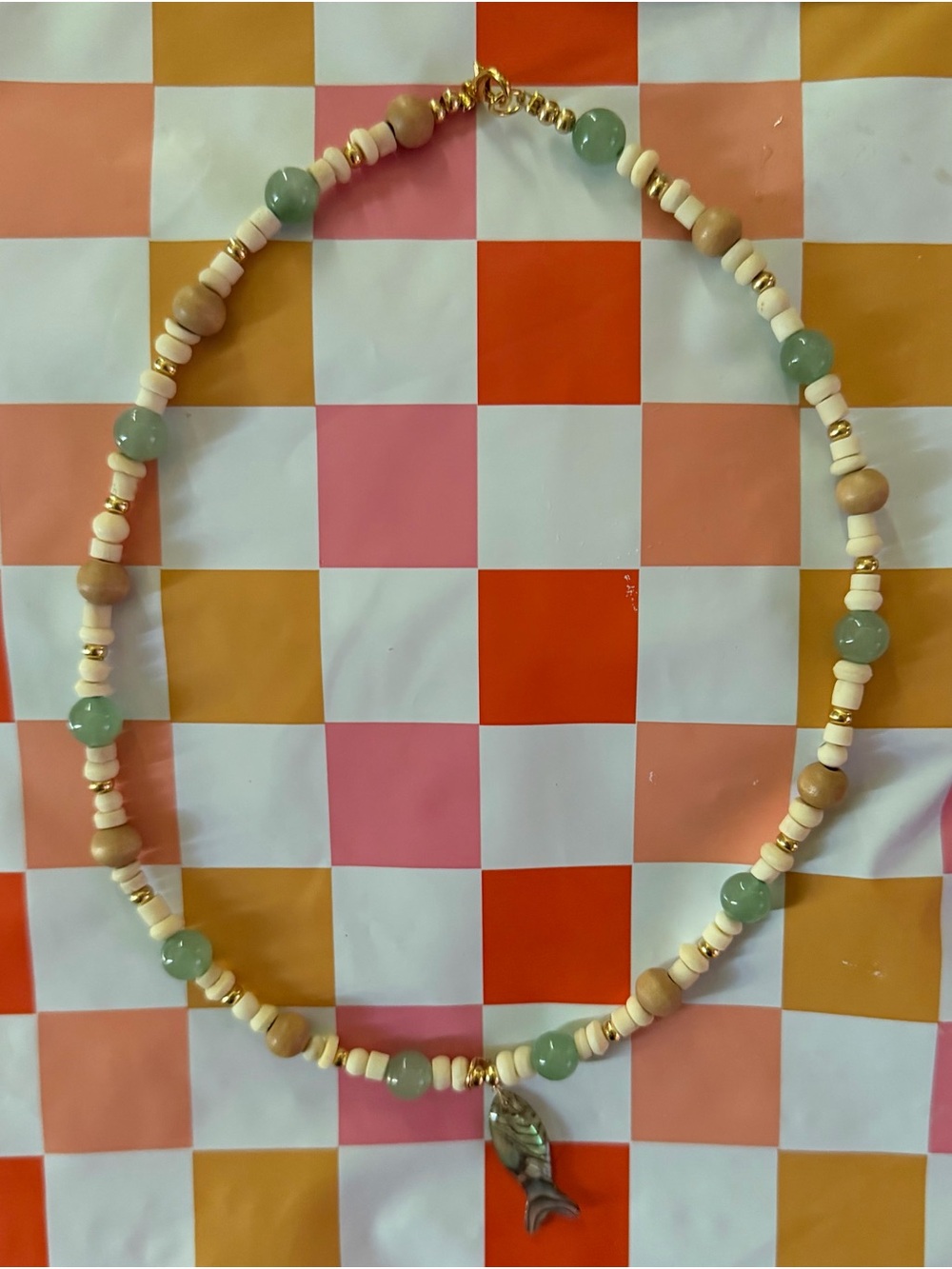 Hand Crafted Green and Cream Beaded Necklace with Gold Accents